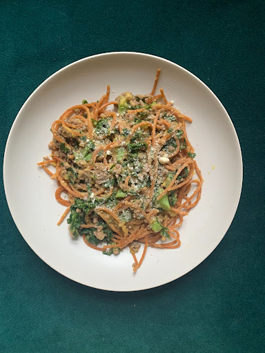 creamy butternut squash sauce over beef & spaghetti